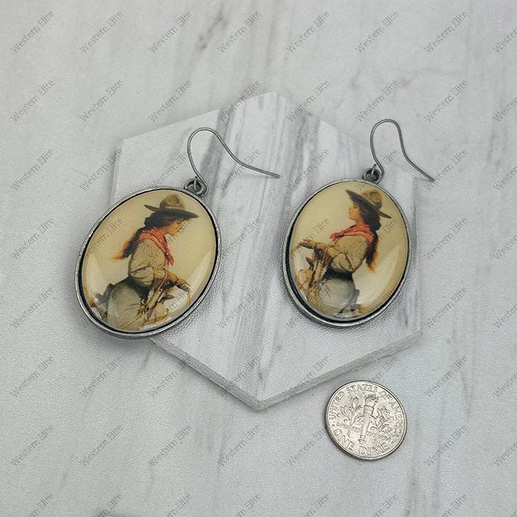ERZ240519-03 Silver metal with western cowgirl oval Earrings