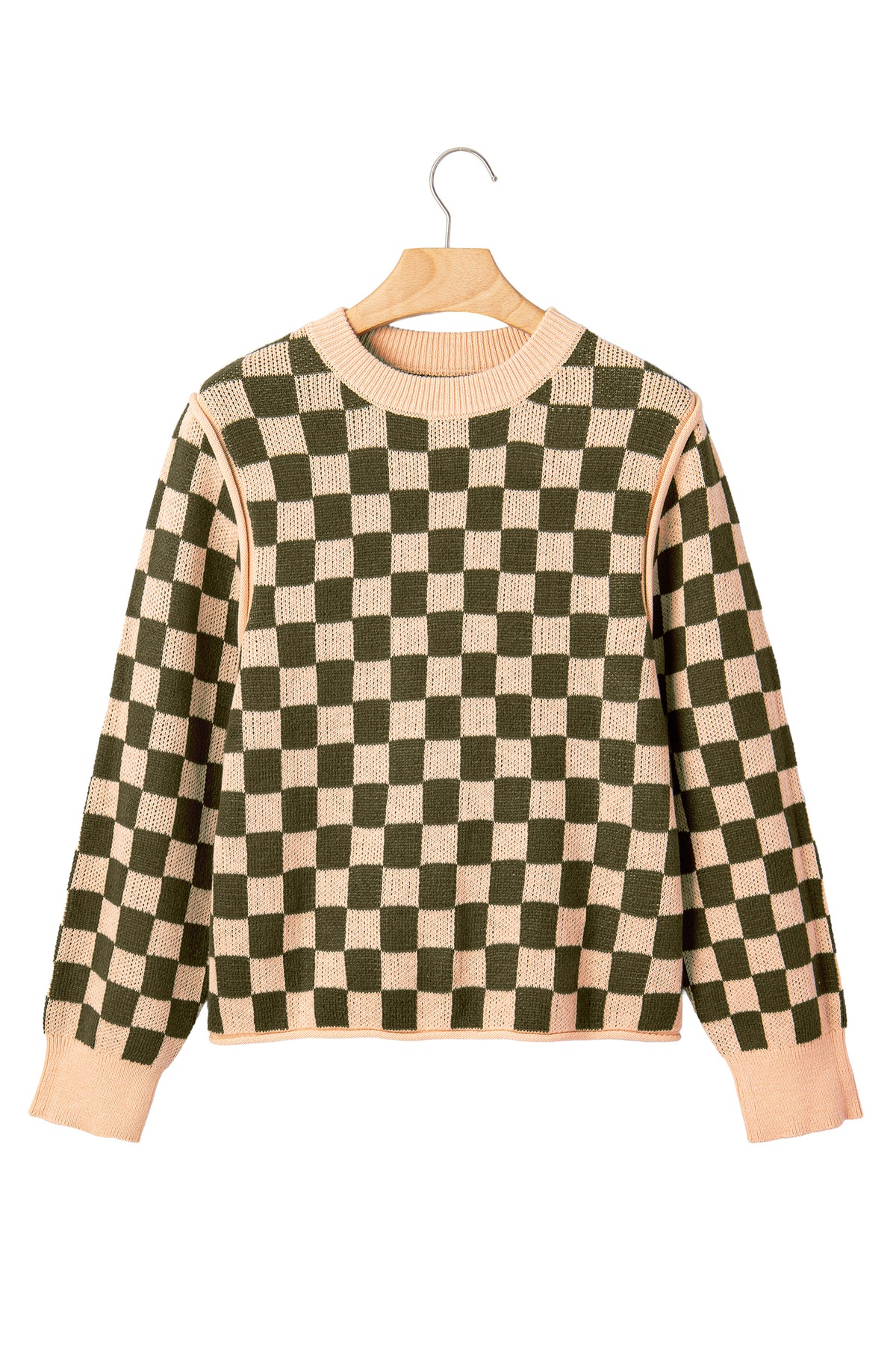 Brown Two Tone Drop-Shoulder Checkered Knit Sweater
