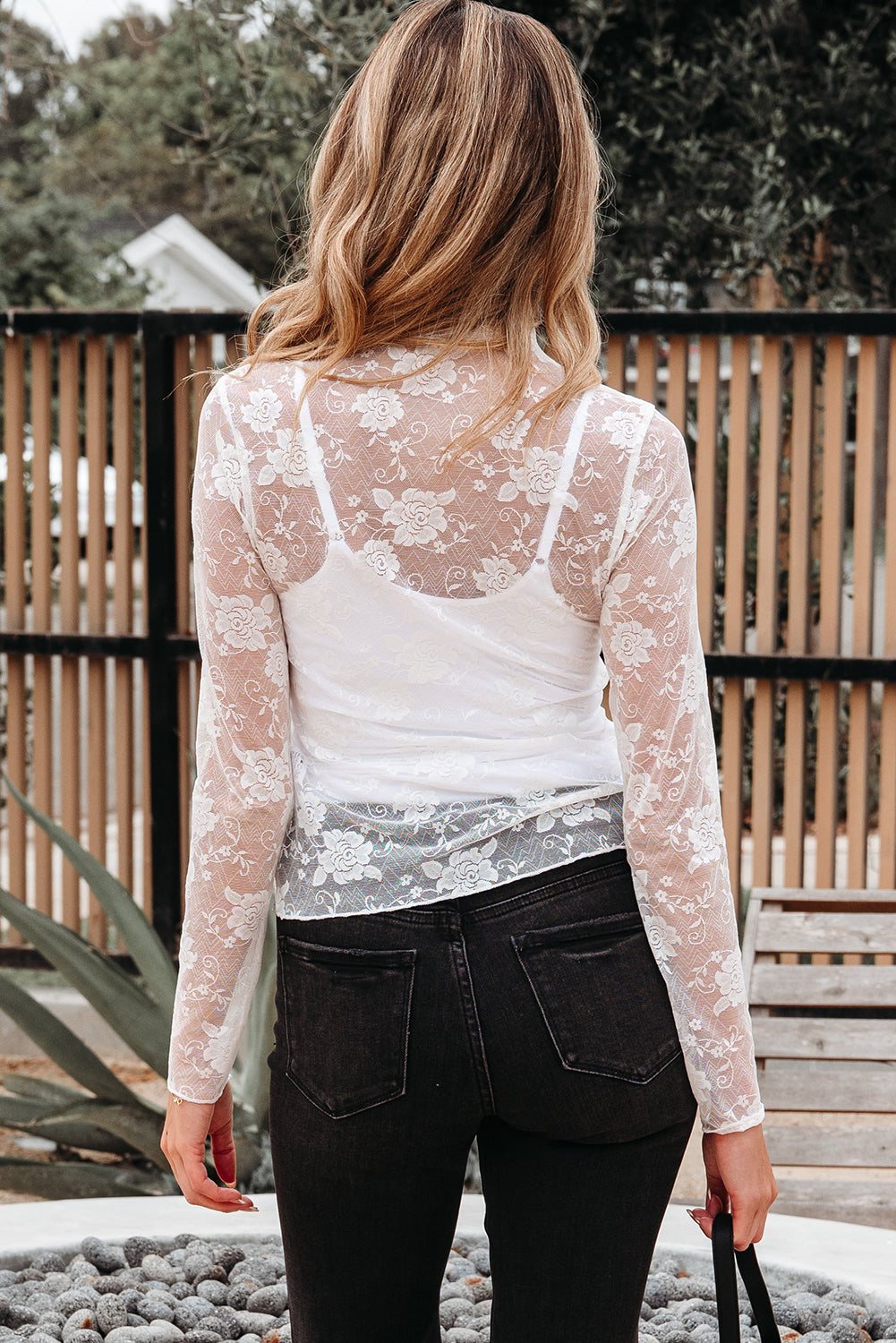 White Sheer Floral Lace Mesh Mock Neck Long Sleeve