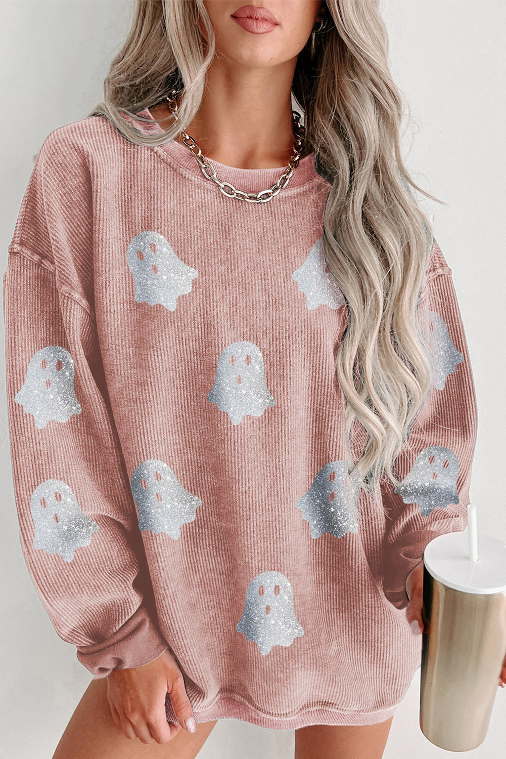 Halloween Ghost Corded Crew Neck Sweatshirt (Black or Pink)