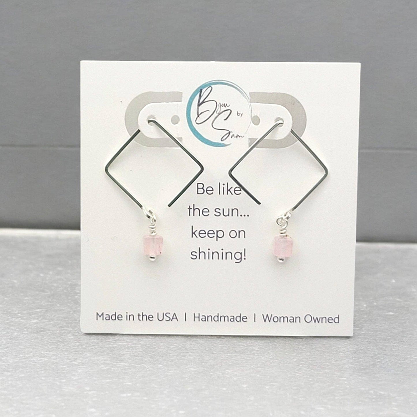 Modern Geometric Square Threader Earrings with Rose Quartz