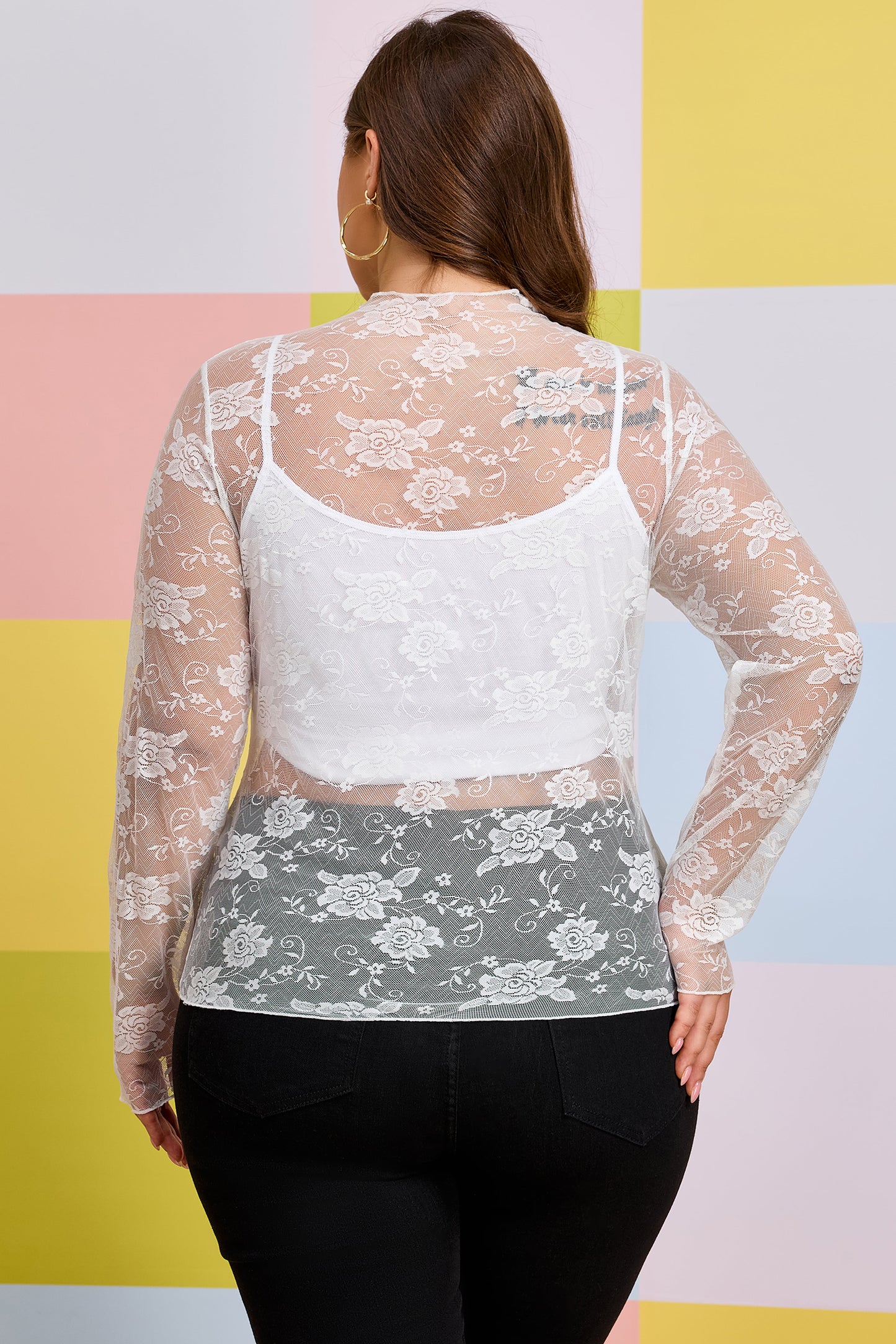 Black & White Floral Lace Mesh Long Sleeve Layering Top 1X–4X