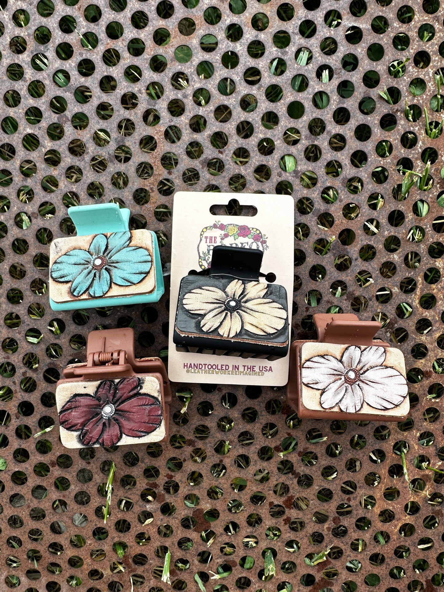 Hand-Tooled Gerbera Flower Leather Hair Clip — Multiple Colors Available
