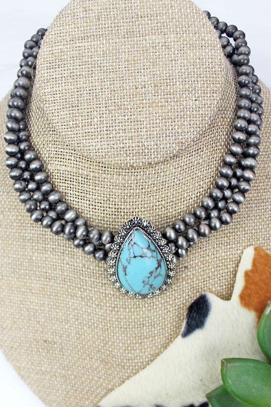 Turquoise Clairemont Silver Pearl Three Row Choker