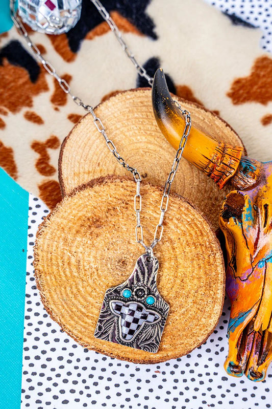TIPI Rosy Checkered Cow Cattle Tag Silvertone Necklace