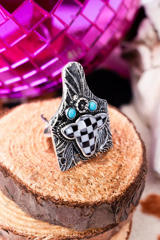 TIPI Rosy Checkered Cow Cattle Tag Silvertone Cuff Ring