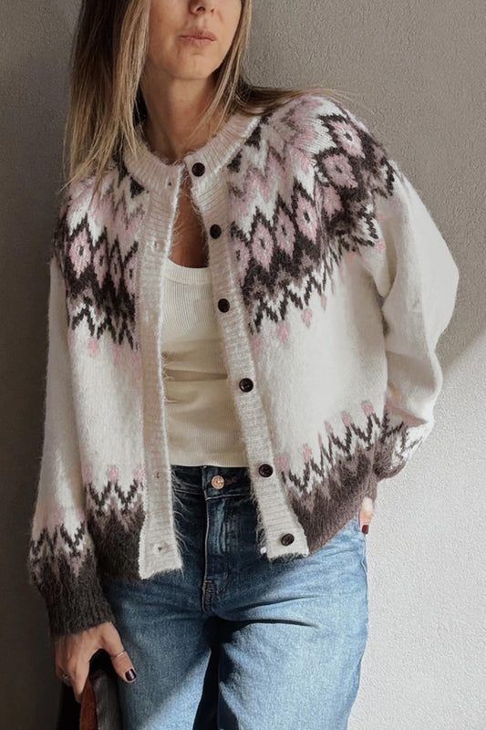 White Geometric Brushed Knit Cardigan