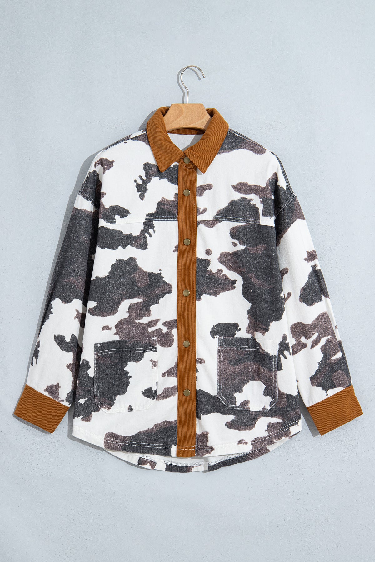 Western Cow Print Corduroy-Trim Denim Jacket