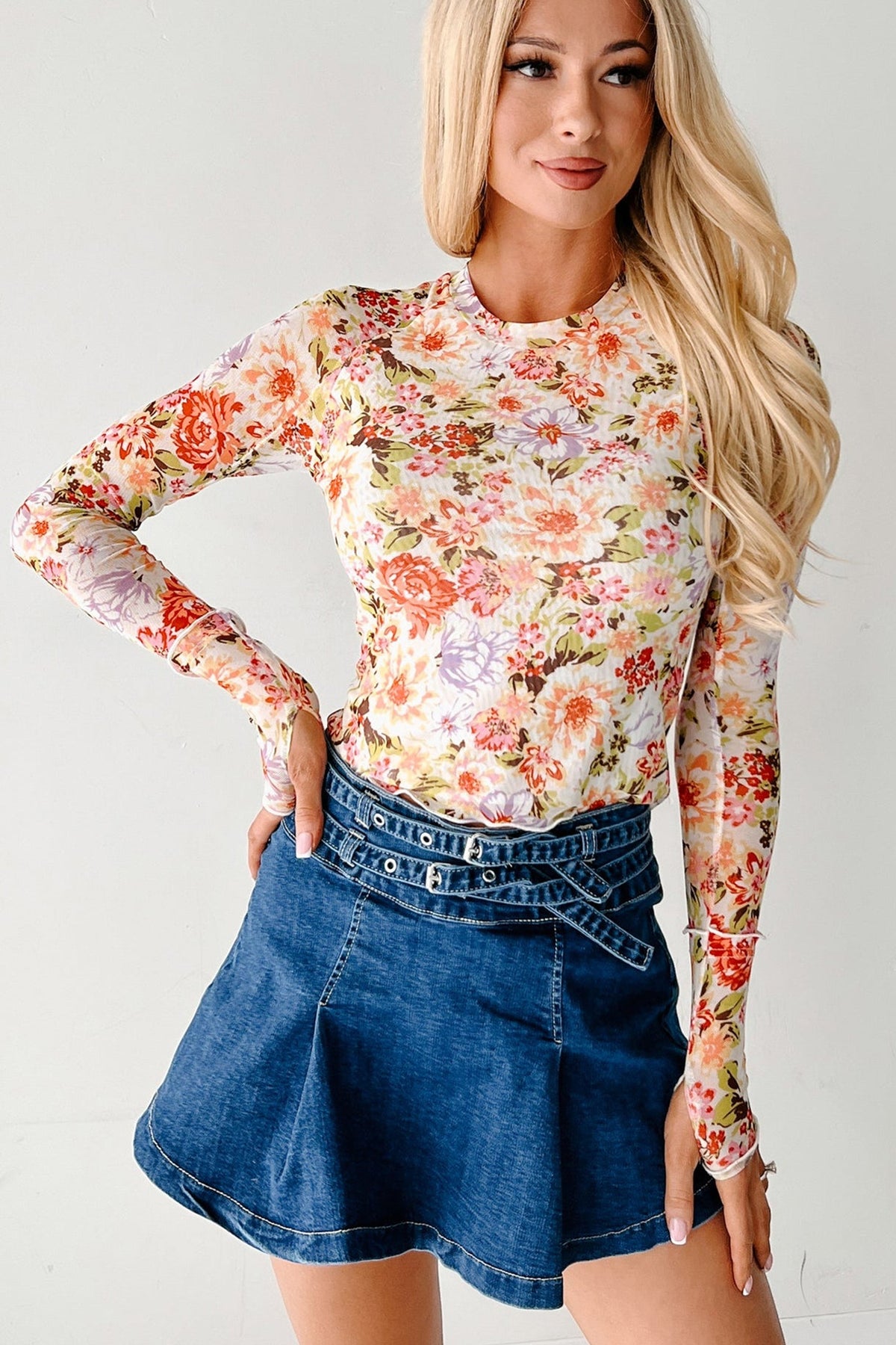 Multicolor Floral Mesh Thumbhole Long Sleeve Mesh Top