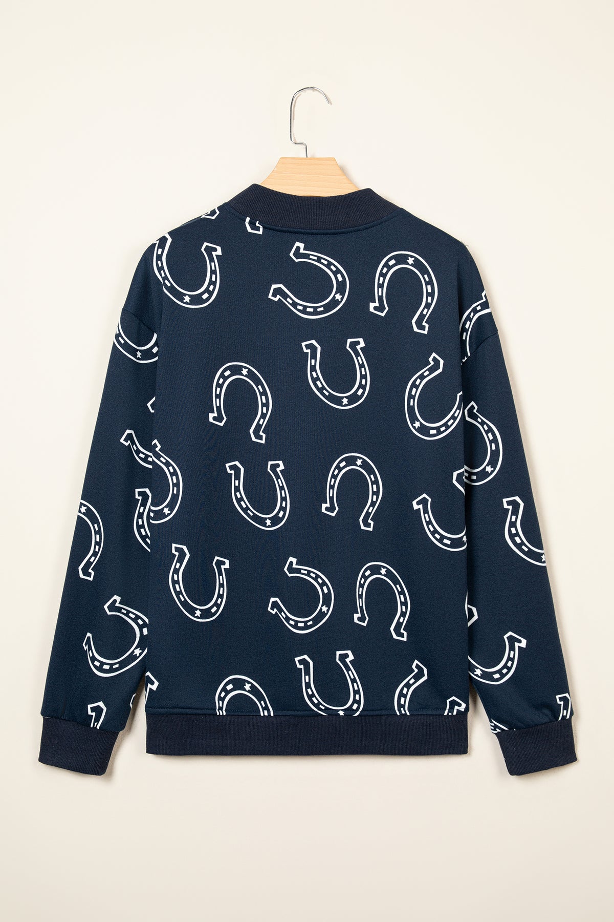 Blue Western Horseshoe Print Mock Neck Casual Pullover Sweatshirt