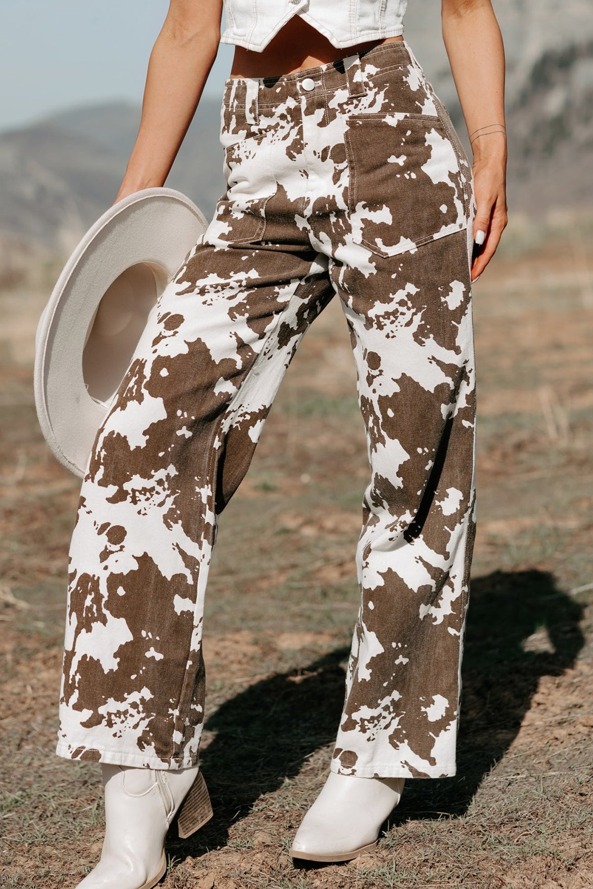 Brown Cow Print Wide Leg Western Jeans