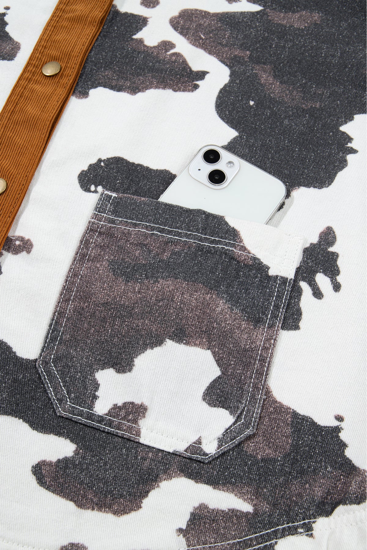 Western Cow Print Corduroy-Trim Denim Jacket