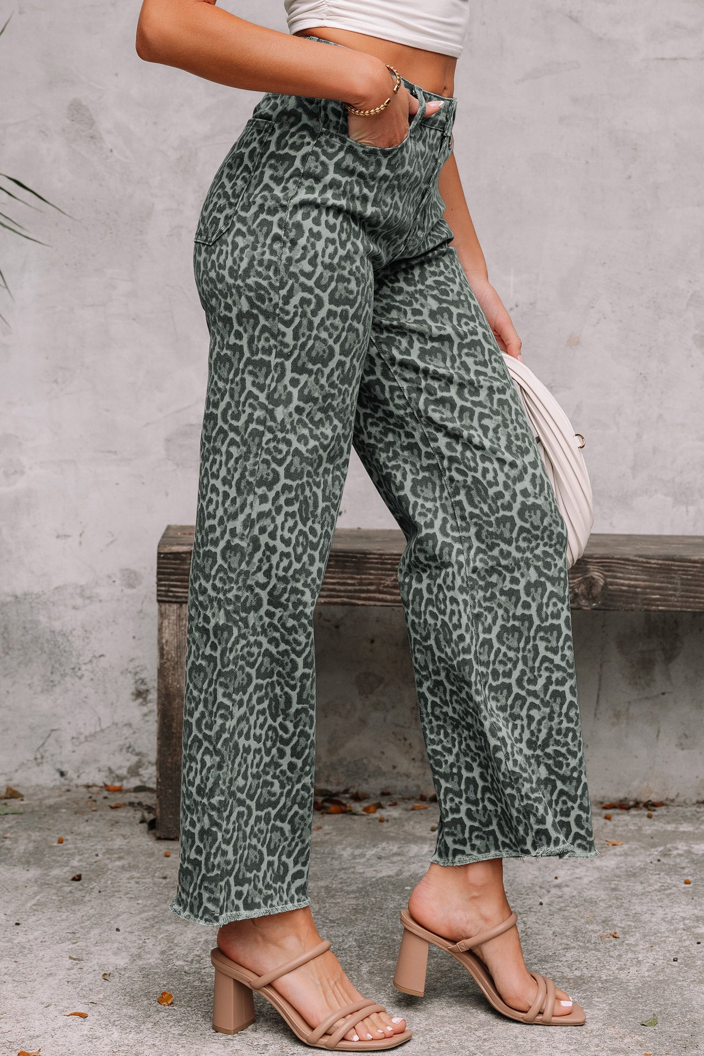 Leopard Frayed Wide Leg Jeans Multiple Colors