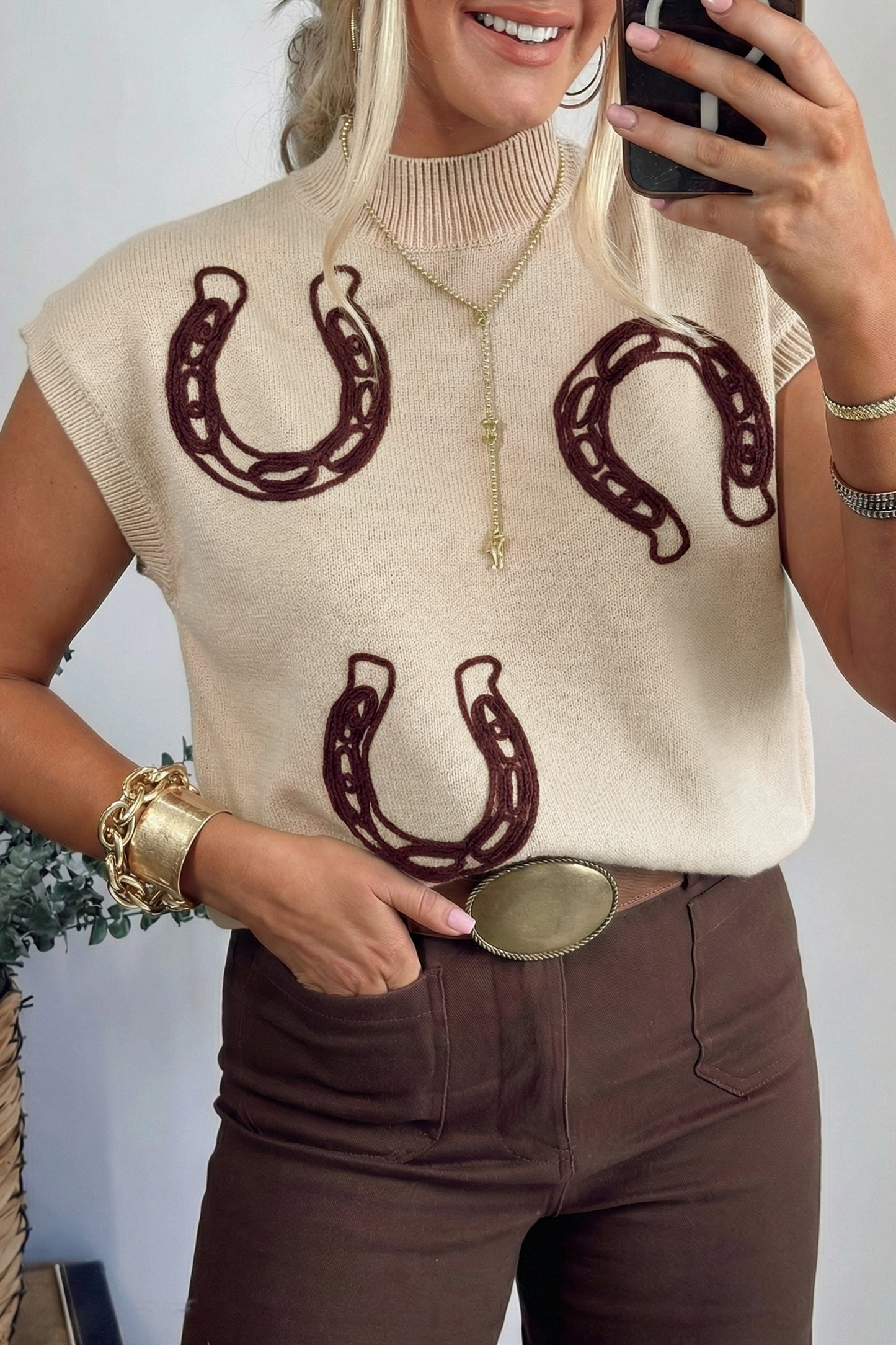 Parchment Corded Horseshoe Mock Neck Sweater Available in multiple colors