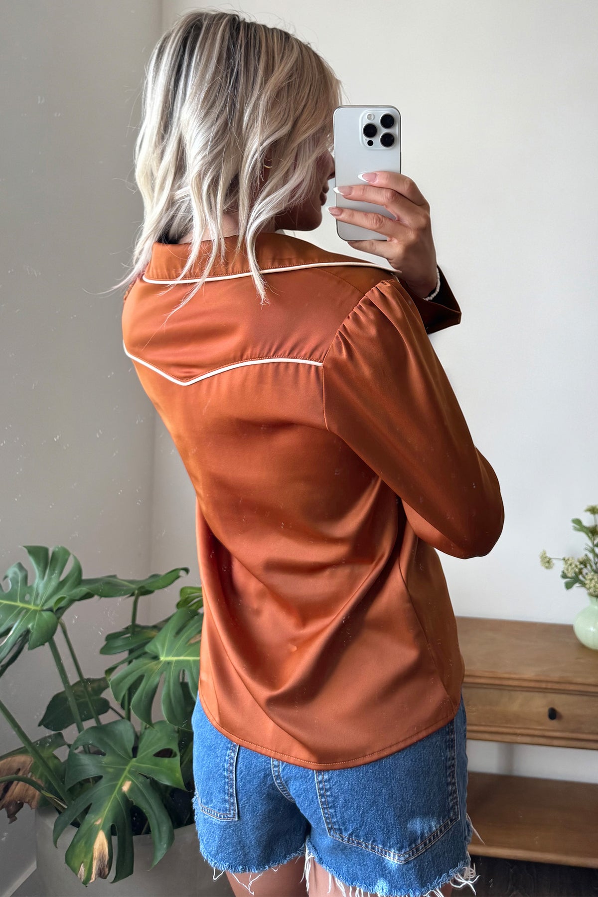Cinnamon Silky Western Yoke Button-Front Shirt