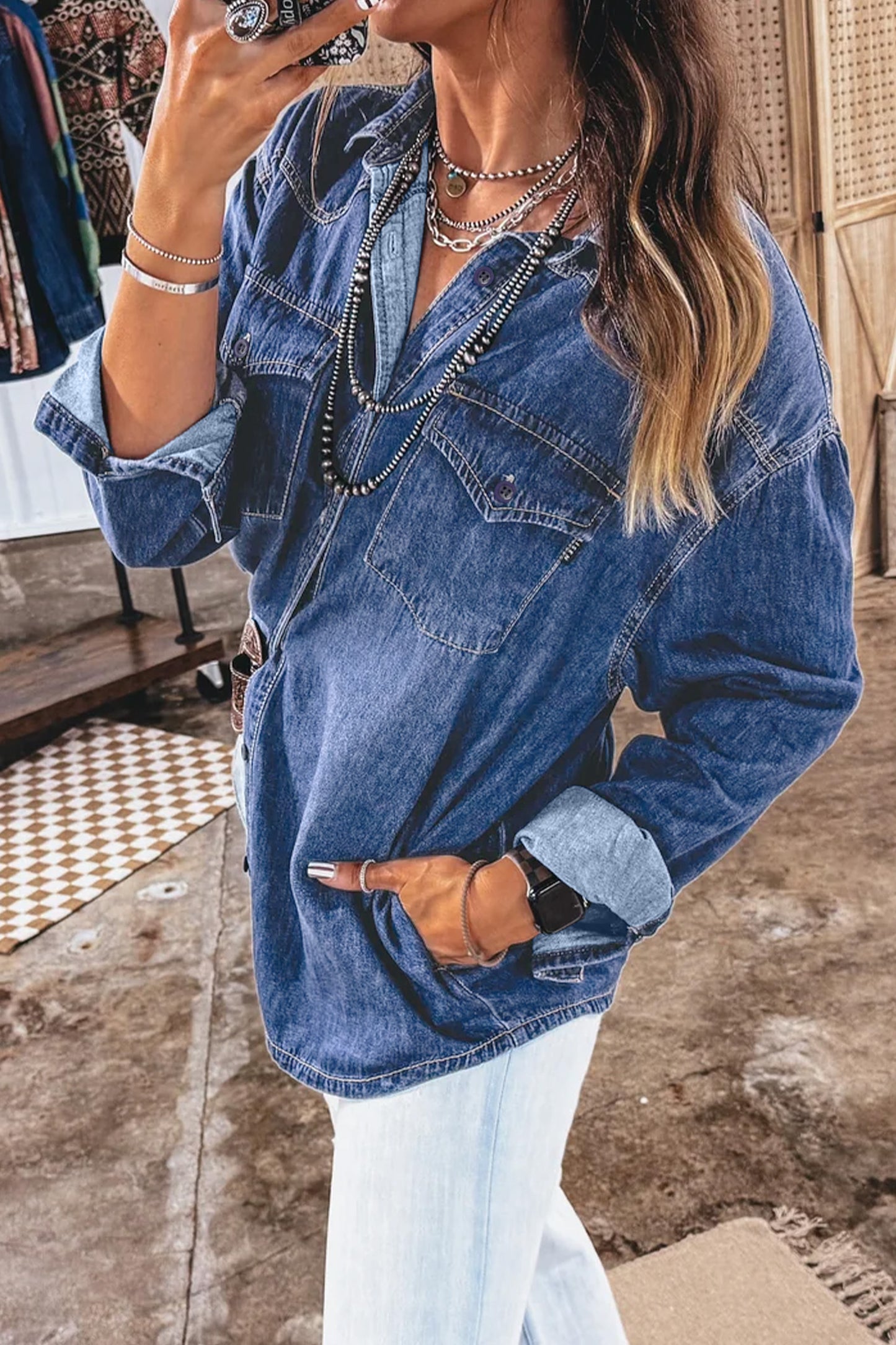 Sail Blue Western Patch Pockets Tunic Length Long Sleeve Denim Shirt