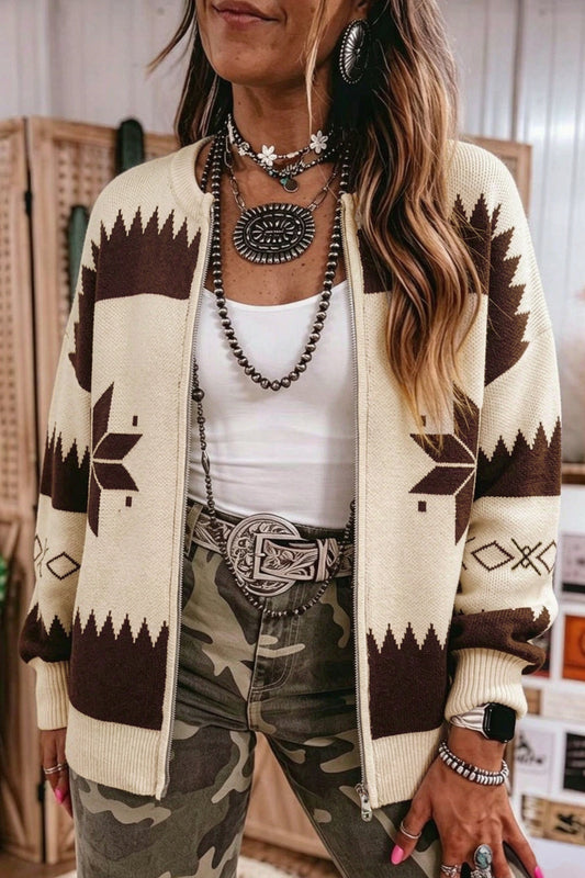 Beige Western Geometric Zip-Front Sweater Cardigan — S–XL