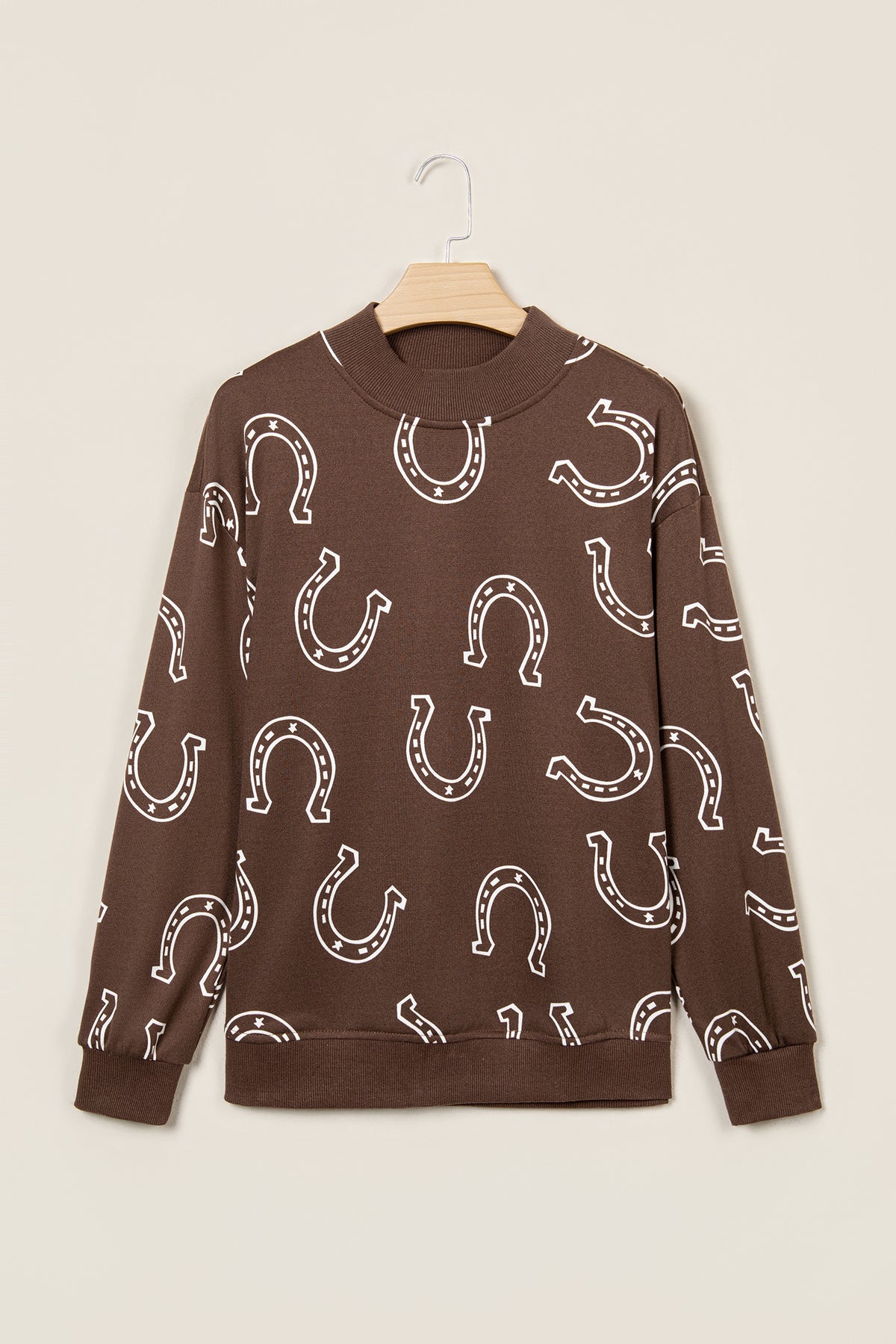 Blue Western Horseshoe Print Mock Neck Casual Pullover Sweatshirt