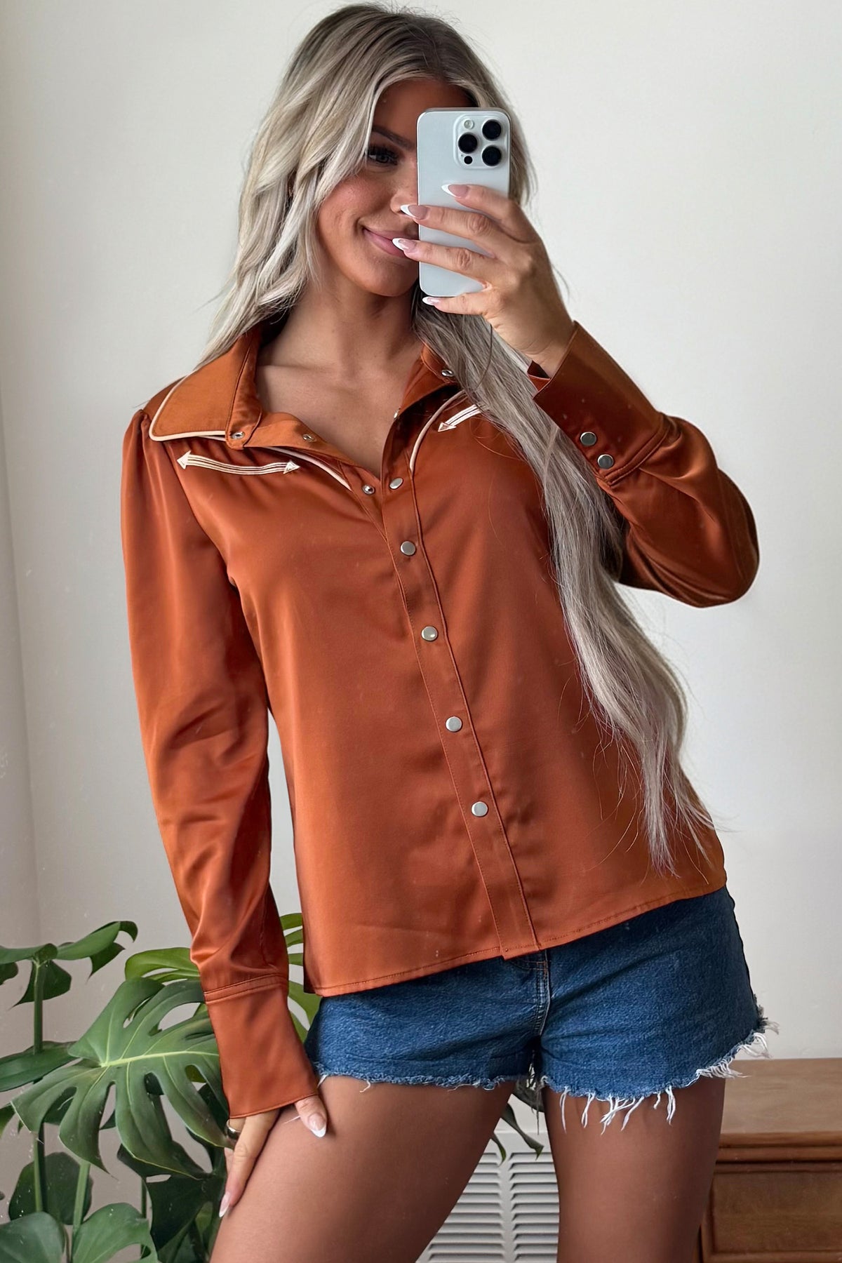 Cinnamon Silky Western Yoke Button-Front Shirt