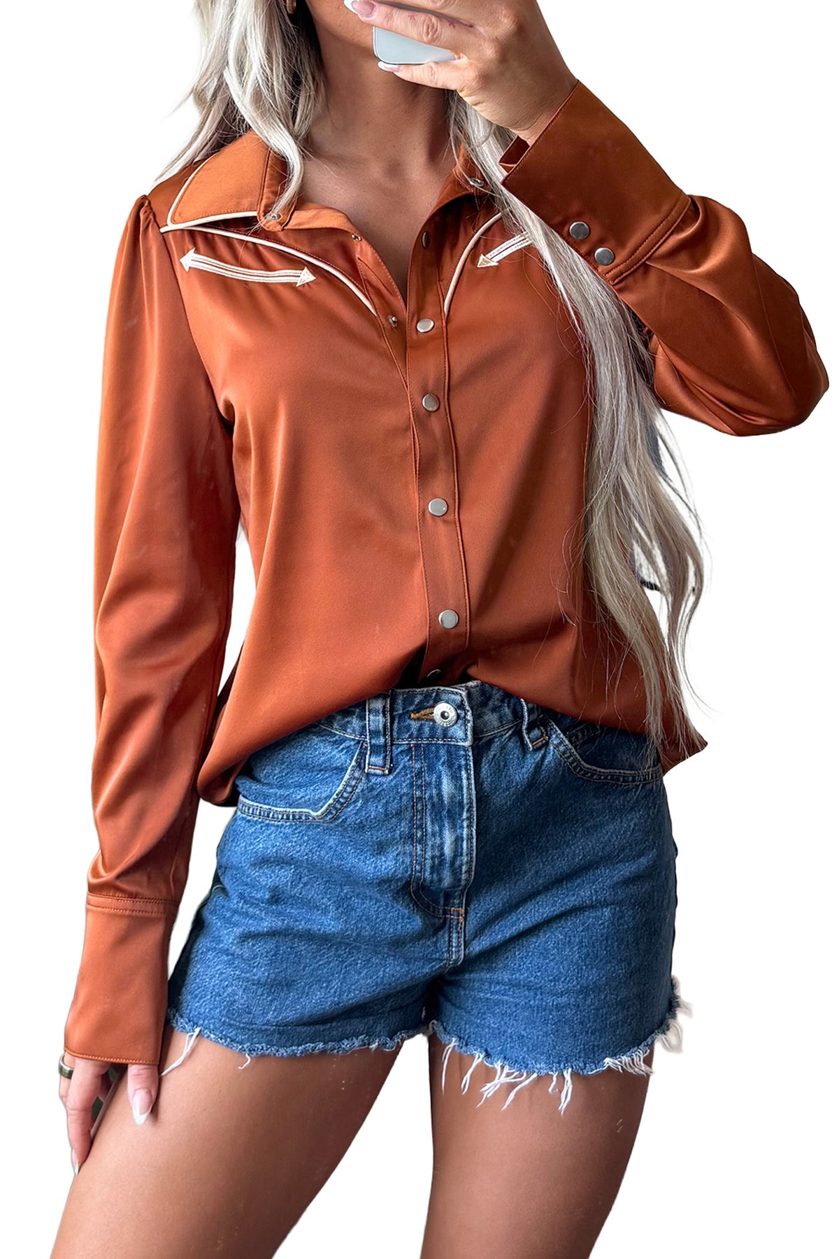 Cinnamon Silky Western Yoke Button-Front Shirt