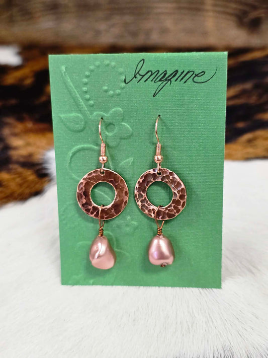 Copper Disk and Freshwater Pearl Earrings | Handmade by Local Artist Shar Leonard