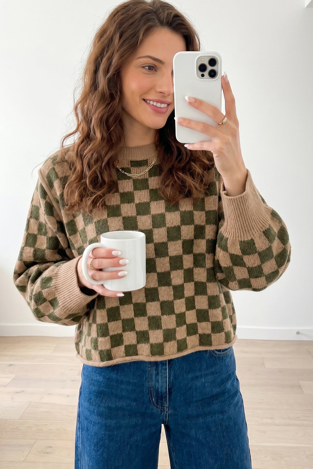 Brown Two Tone Drop-Shoulder Checkered Knit Sweater