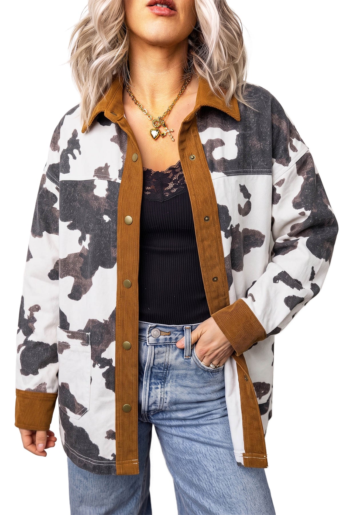 Western Cow Print Corduroy-Trim Denim Jacket