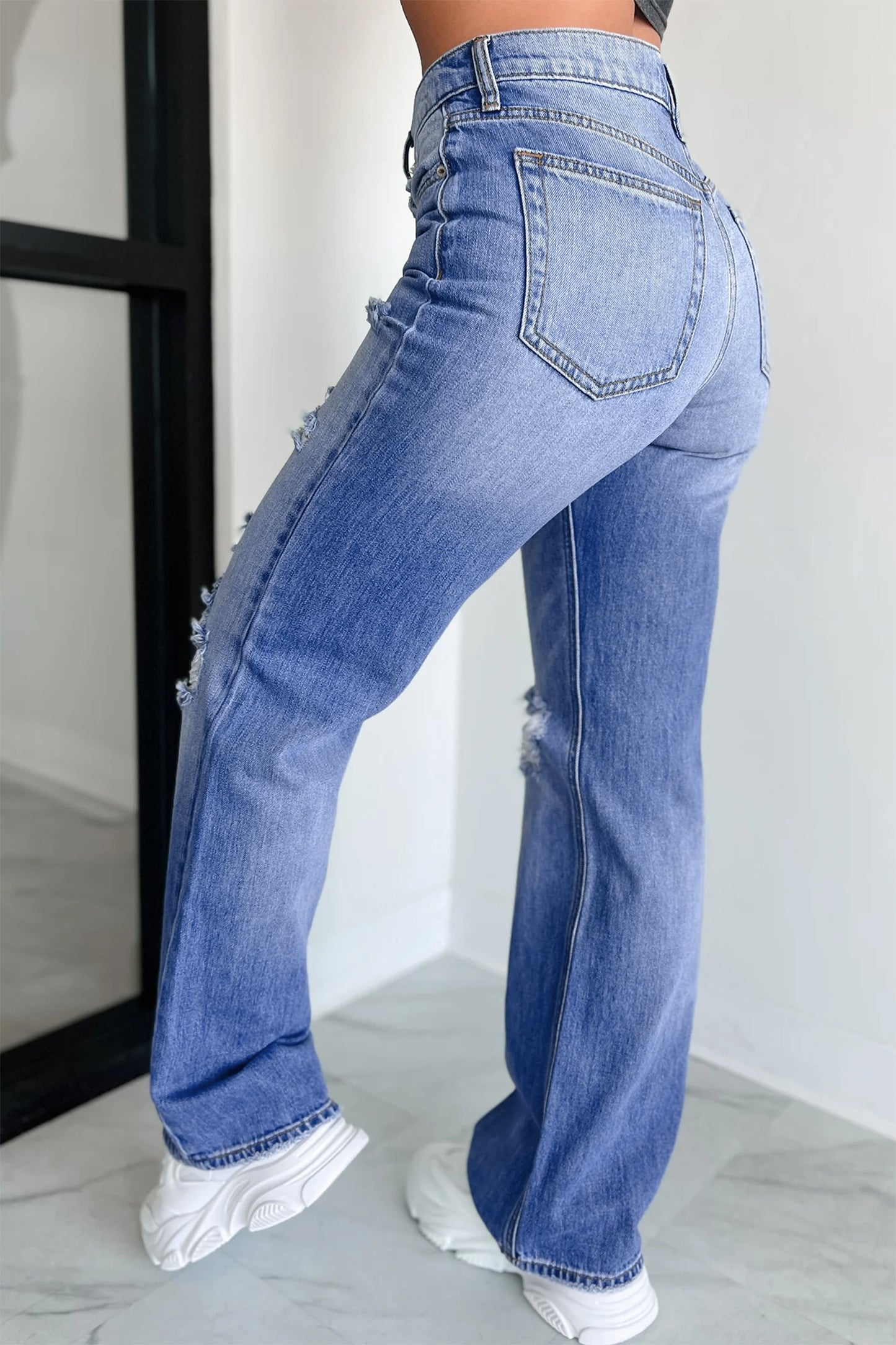Myosotis Mid Rise Distressed Straight Leg Jeans
