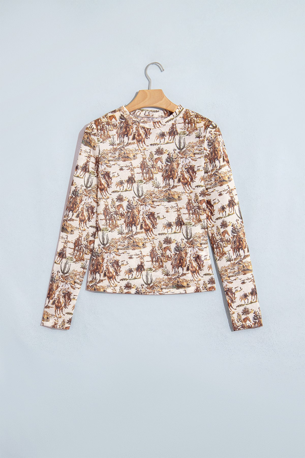 Brown or Beige  Western Cowboy & Floral Sheer Mesh Long Sleeve Top