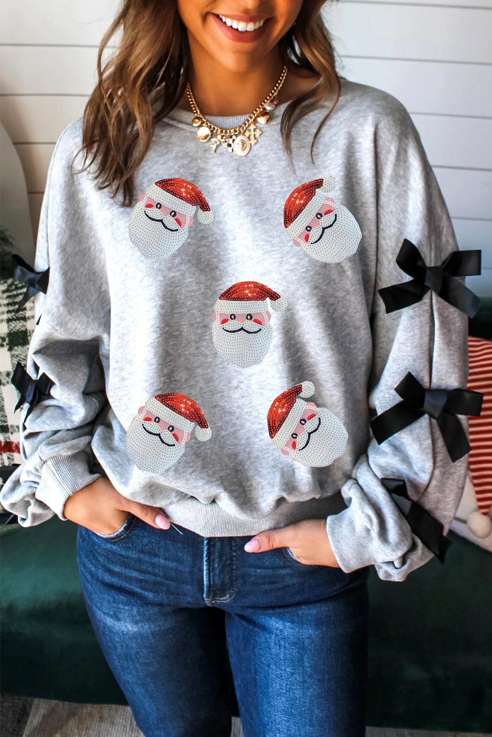 🎅 Light Grey Sequin Santa Sweatshirt with Bows