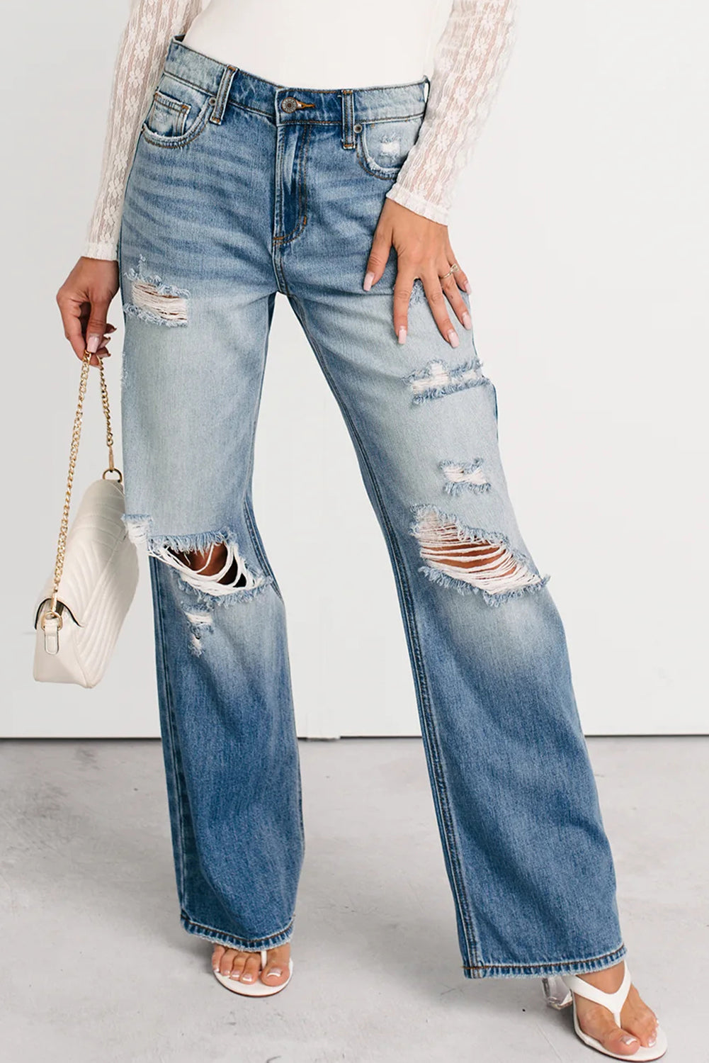 Mid Rise Distressed Sneak Peek Straight Leg Jeans 👖✨