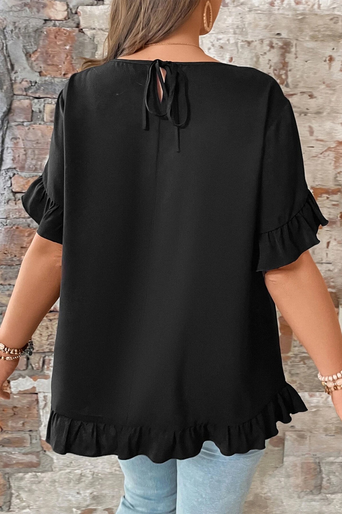 Black Ruffle Trim Petal Sleeve Relaxed Tee 1X–4X