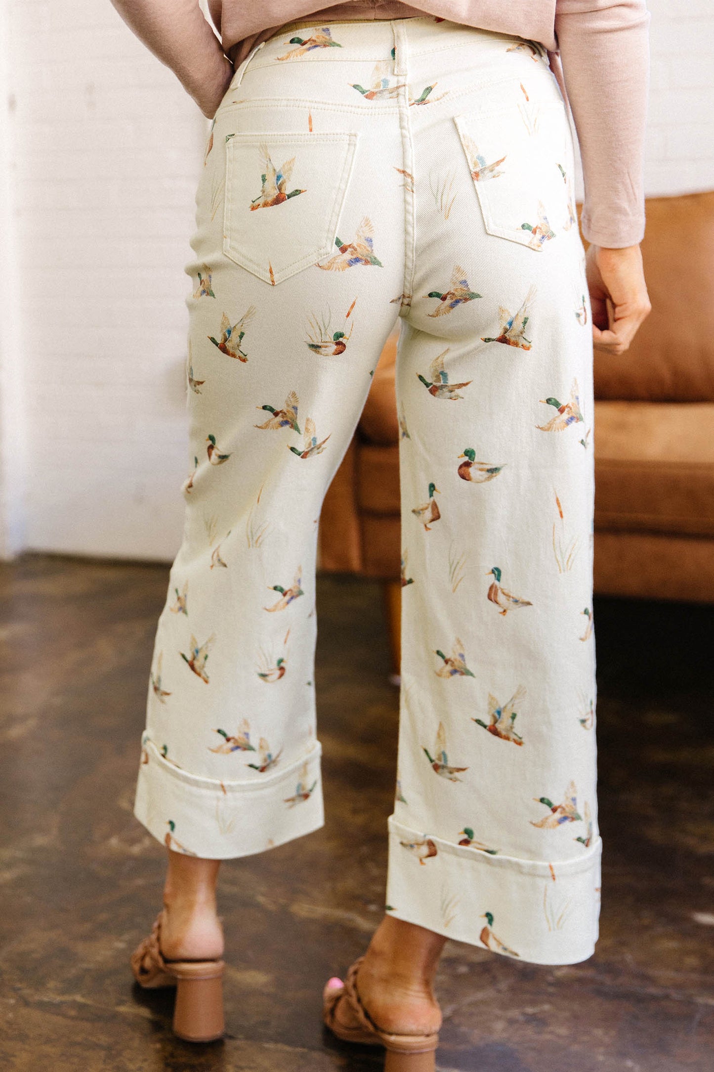 Beige Mallard Printed Cuffed Hem Jeans