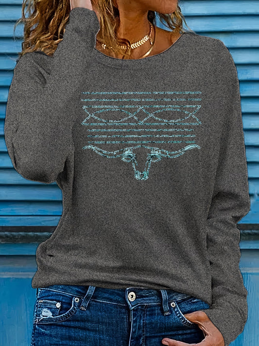 Cow Skull & Boot Stitch Long Sleeve Tee