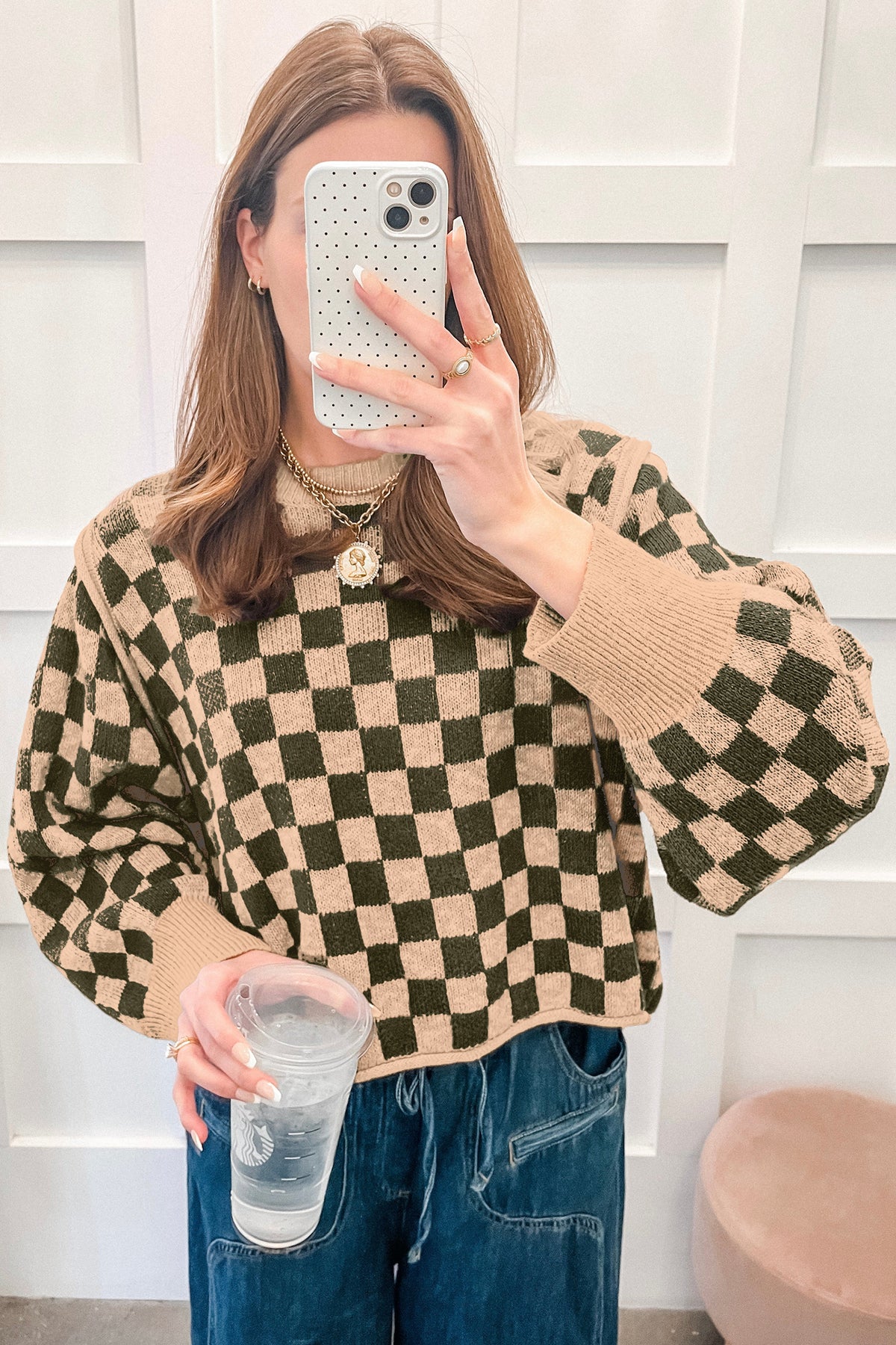 Brown Two Tone Drop-Shoulder Checkered Knit Sweater