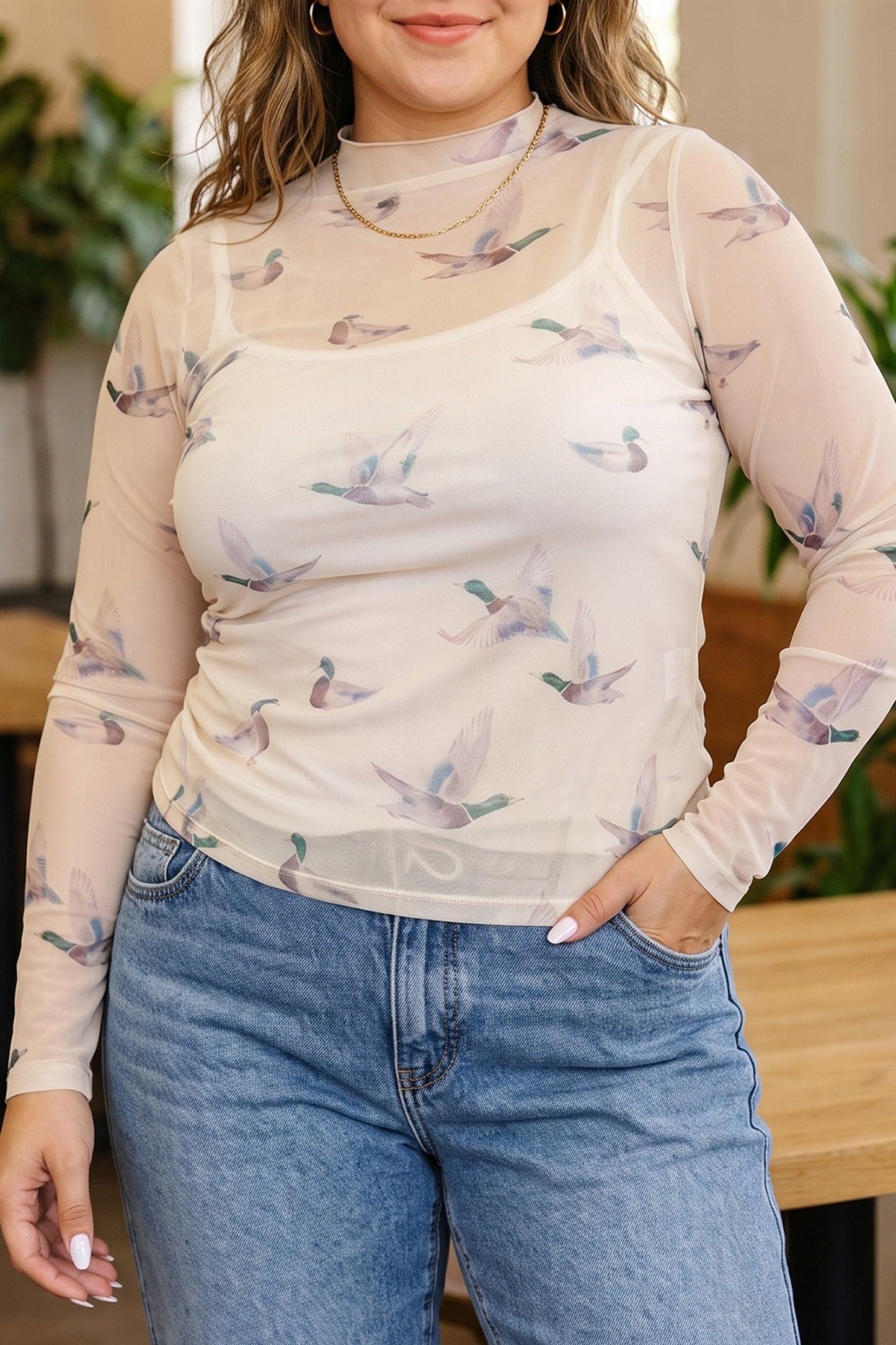 Beige Duck Print Mesh Long Sleeve Tunic Blouse 1X–4X