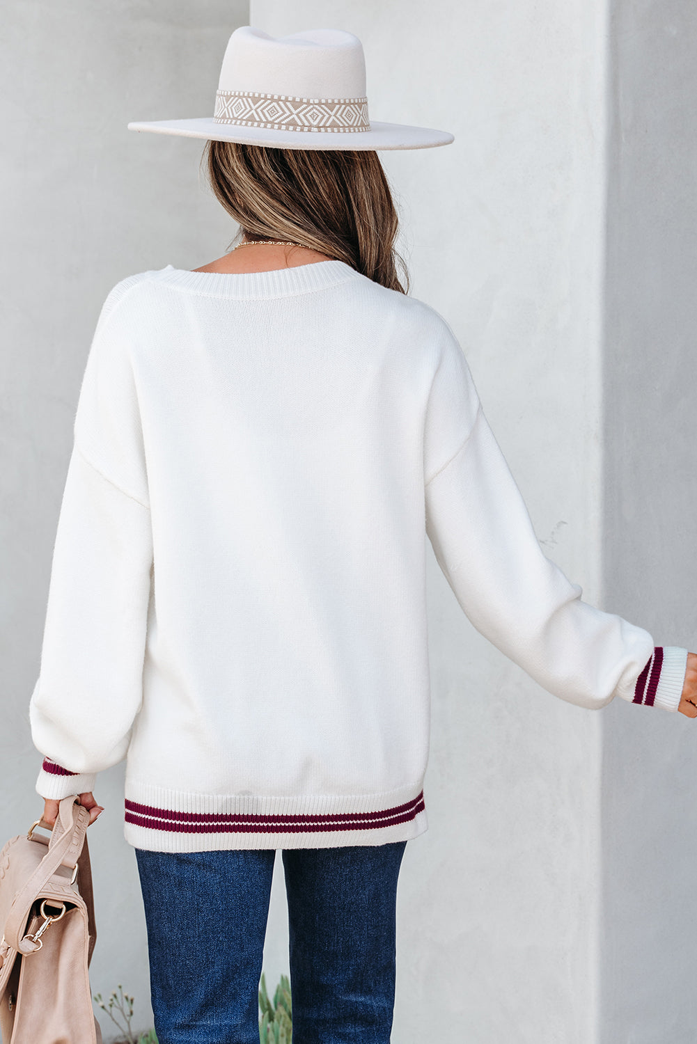 White "See You Cowboy" Embroidered  Graphic Sweater