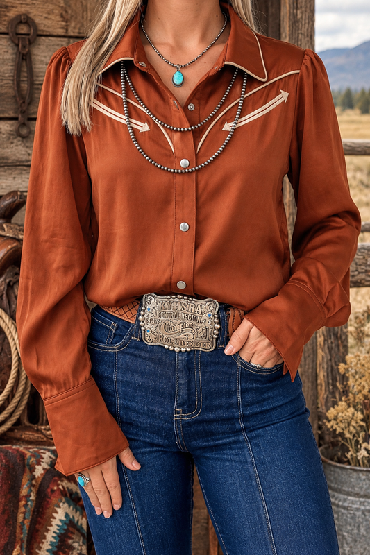 Cinnamon Silky Western Yoke Button-Front Shirt