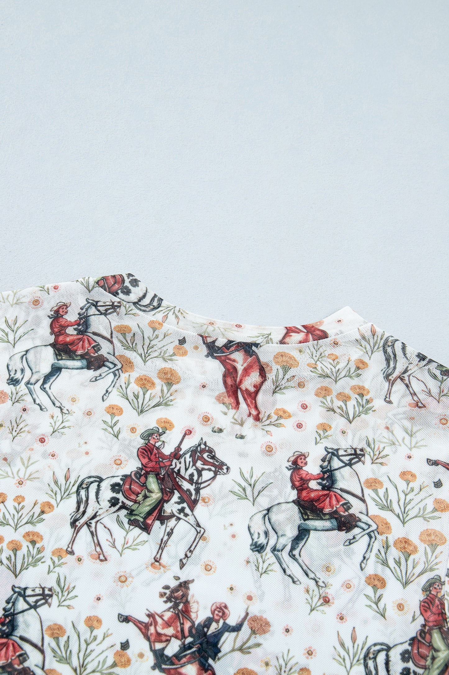 Brown or Beige  Western Cowboy & Floral Sheer Mesh Long Sleeve Top