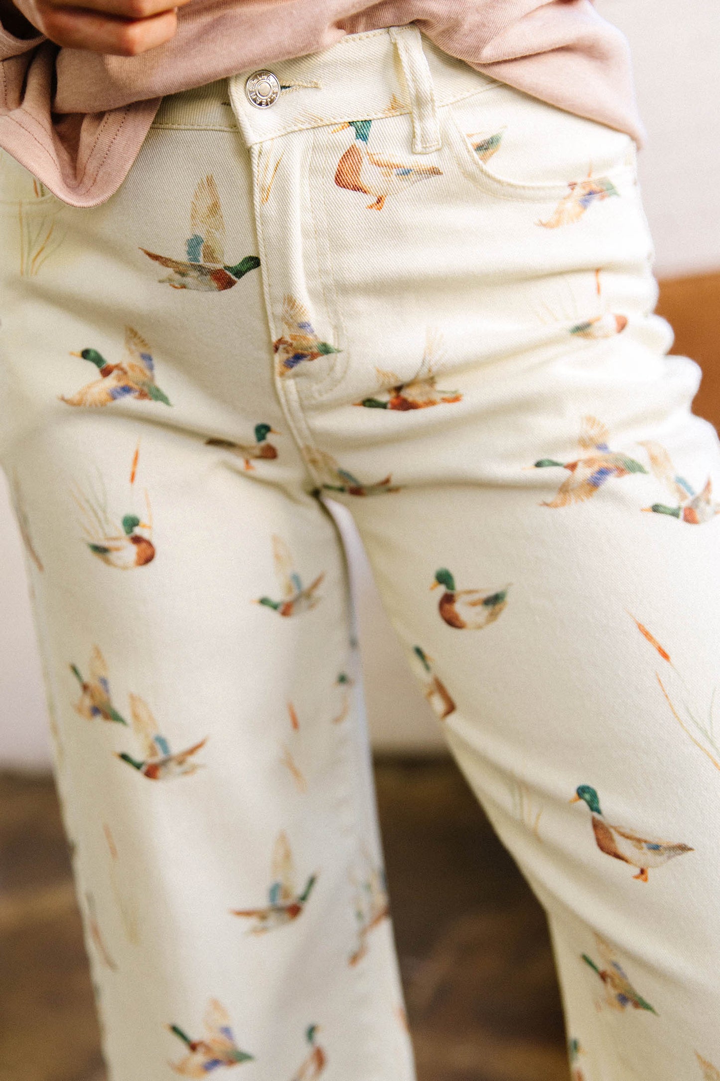 Beige Mallard Printed Cuffed Hem Jeans