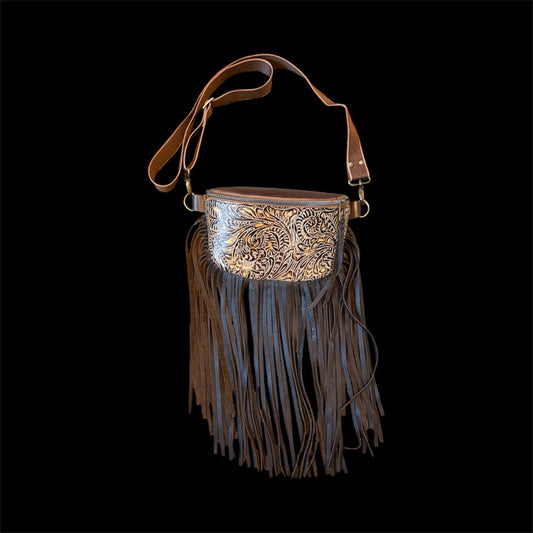 Twisted R Leather Western Tooled Light Brown Fanny Pack Purse with Fringe – Made in Montana, USA