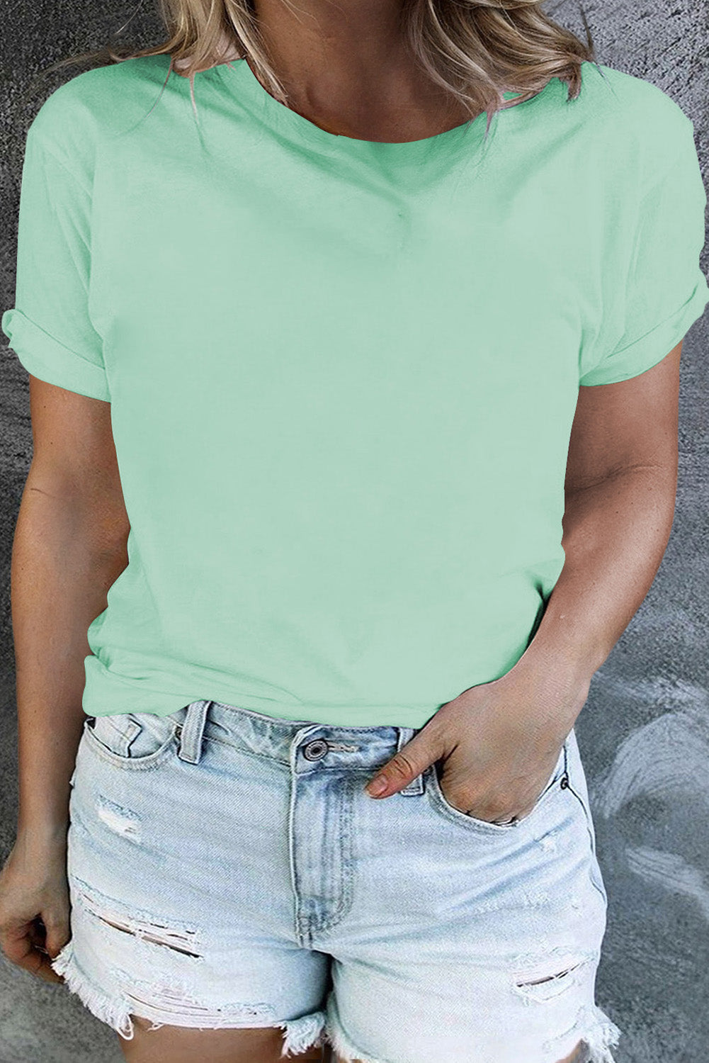 White Round Neck Rolled Sleeve Plus Size T-shirt