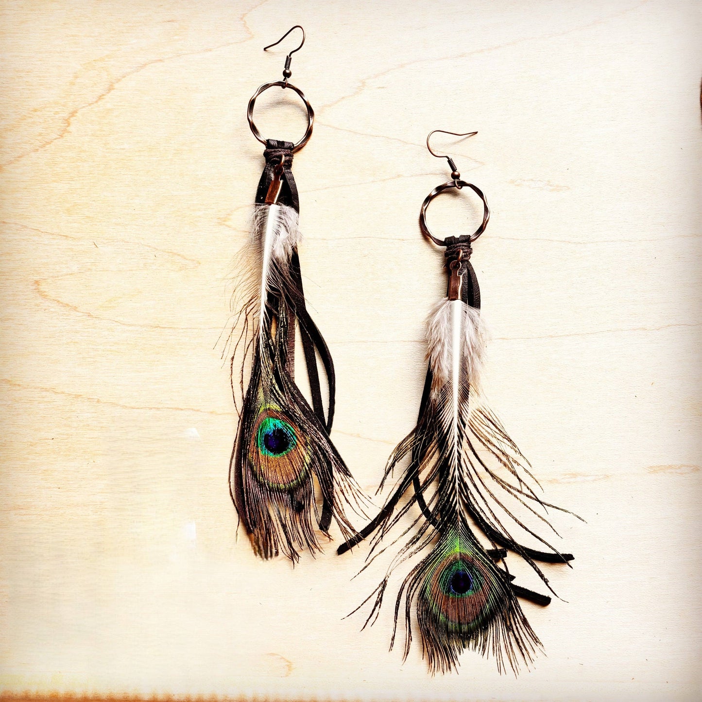 Black Deer Skin Leather Tassel Earring Peacock Feather