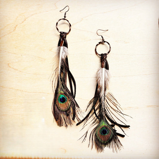 Black Deer Skin Leather Tassel Earring Peacock Feather