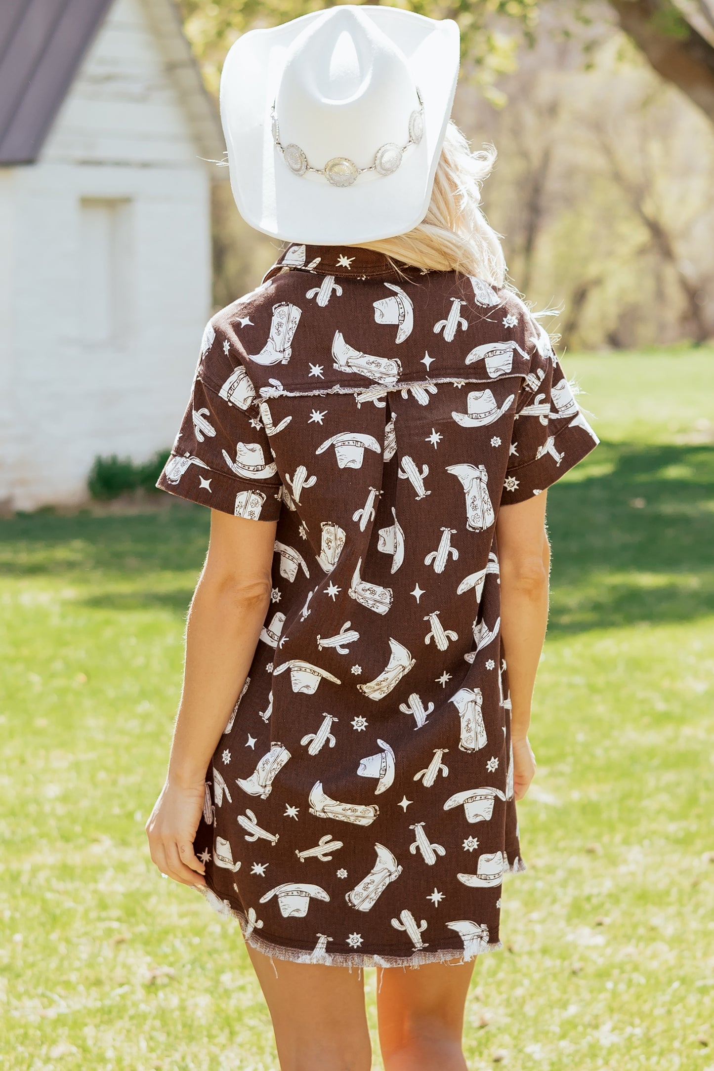 Brown Cowgirl Print Raw Edge Denim Dress