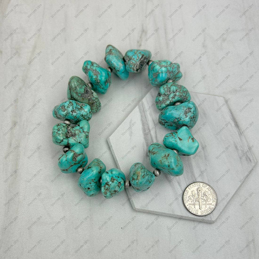 BR250120-32        Stretch blue turquoise stone nuggets with silver Navajo pearl beads Bracelet