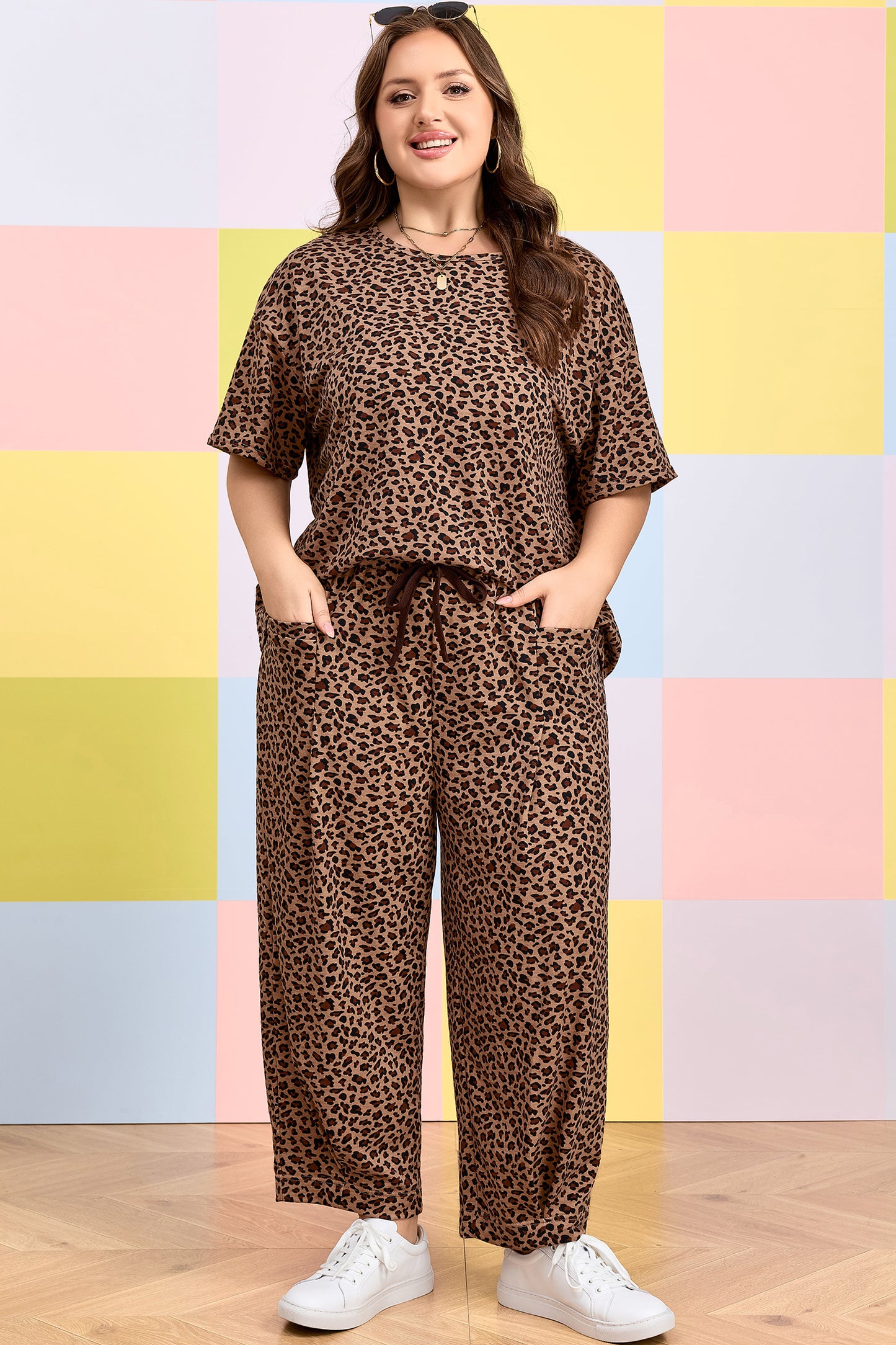 Brown Leopard Plus Size Top & Pleated Pants Set