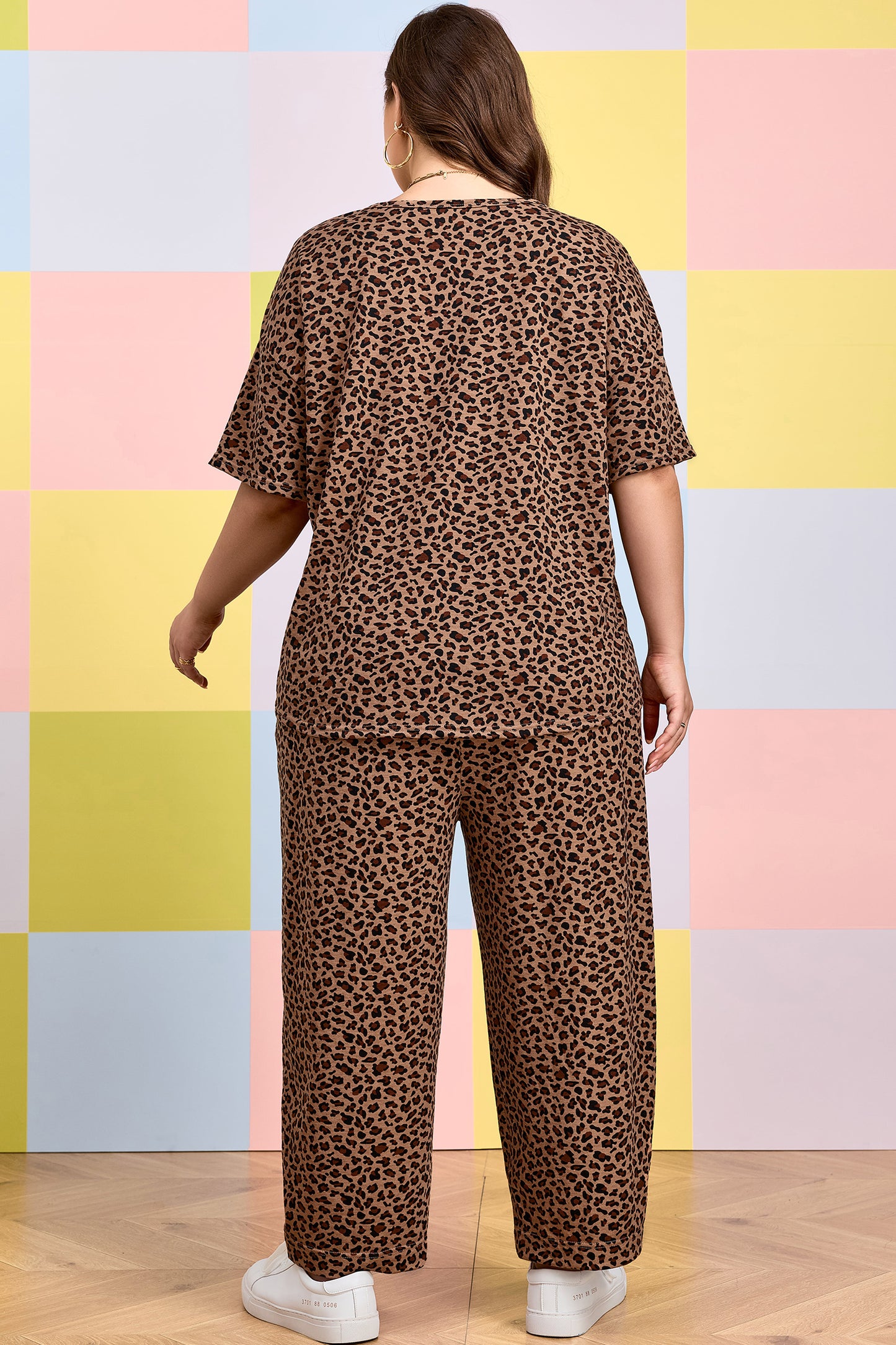 Brown Leopard Plus Size Top & Pleated Pants Set