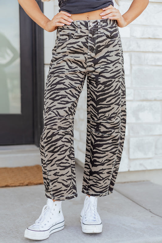 🦓 Gray Zebra Stripe Printed Wide Leg Barrel Jeans