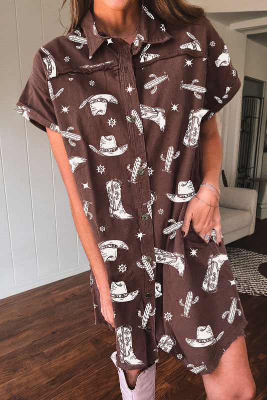 Brown Cowgirl Print Raw Edge Denim Dress